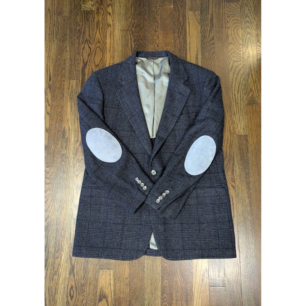 Cricketeer Wool Blazer Mens 40R Navy Plaid Two Button Vtg Elbow Patches USA Made